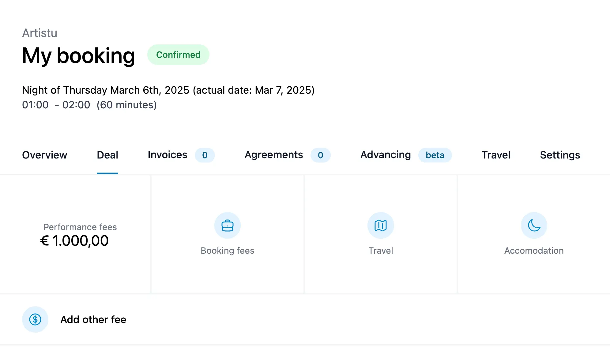 Deal section with performance fee